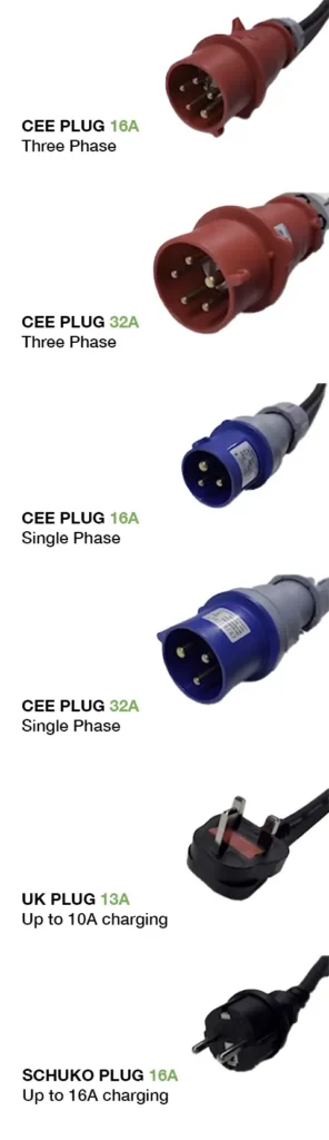 Photo of available adapters for the multiadapter charger. Includes 3 Phase CEE plug 16A, 3 Phase CEE plug 32A, 1 Phase CEE plug 16A, 1 Phase CEE plug 32A, UK plug 13A and Schuko Plug 16A