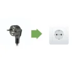 mini-16a-typ-f-stecker-auf-16a-typ-f-schuko-steckdose Foto, das veranschaulicht, dass der 16-A-Stecker mit 2 Stiften vom Typ F, E oder C in eine 16-A-Steckdose vom Typ F, E oder C gesteckt werden muss.