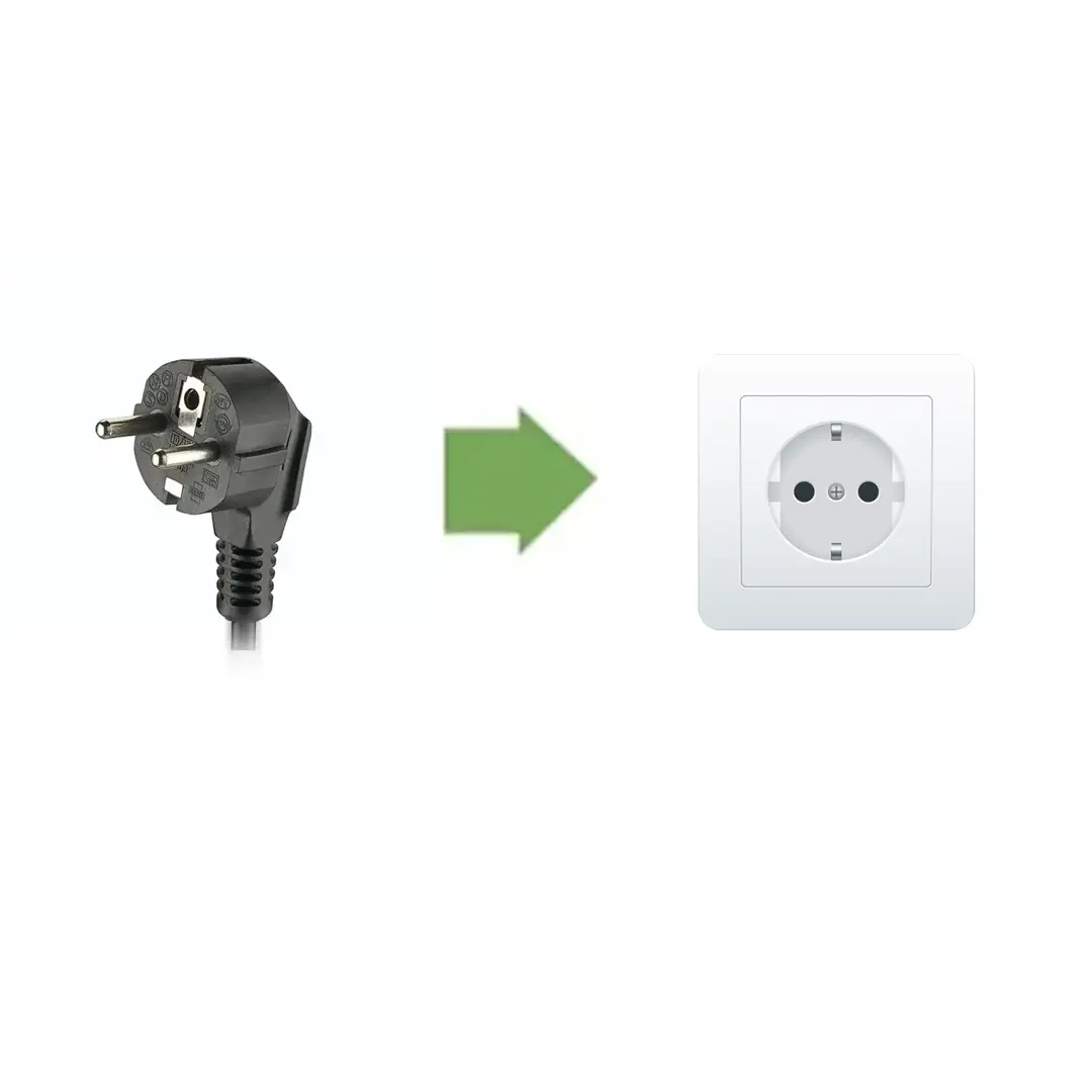 Foto, das veranschaulicht, dass der 16-A-Stecker mit 2 Stiften vom Typ F, E oder C in eine 16-A-Steckdose vom Typ F, E oder C gesteckt werden muss.