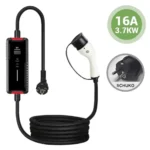 mini-notladekabel-ladegerat-typ2-variabel-schuko-stecker-aux Foto eines Ladegerats vom Typ 2 mit Schuko-Stecker und einstellbarer Stromstärke von 6 A, 8 A, 10 A, 13 A und 16 A