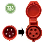 toyota-32a-3-phasige-rote-cee-steckdose-und-stecker Abbildung eines roten 32-A-Cee-Steckers und einer Steckdose