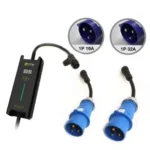 tragbares-ladegerat-typ-2-camping-steckdosen-zen Foto des Ladegeräts mit den 2 blauen Campingsteckdosen