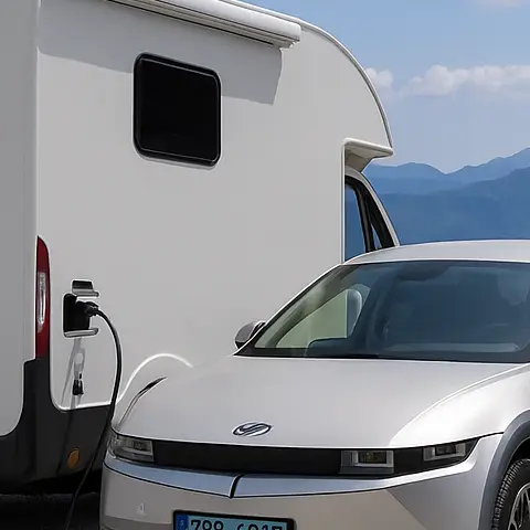 Foto, das ein Elektrofahrzeug zeigt, das einen Wohnwagen mit einem V2L-Kabel auflädt